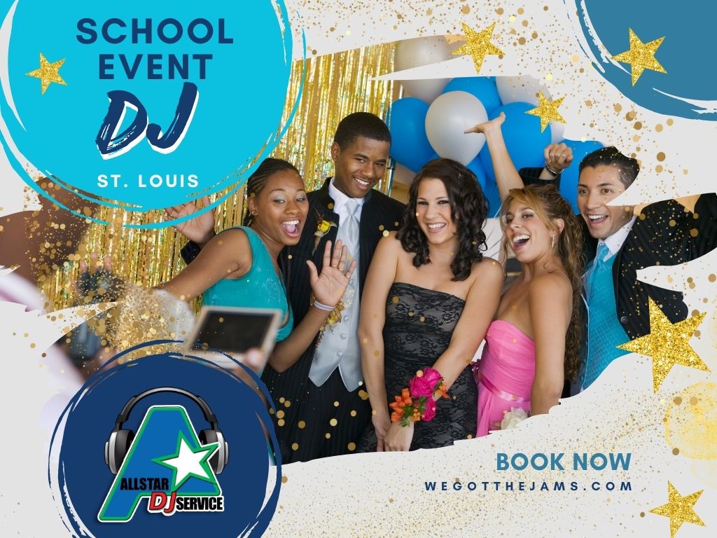 teenagers dressed up in front of glitter wall for school dance dj flyer